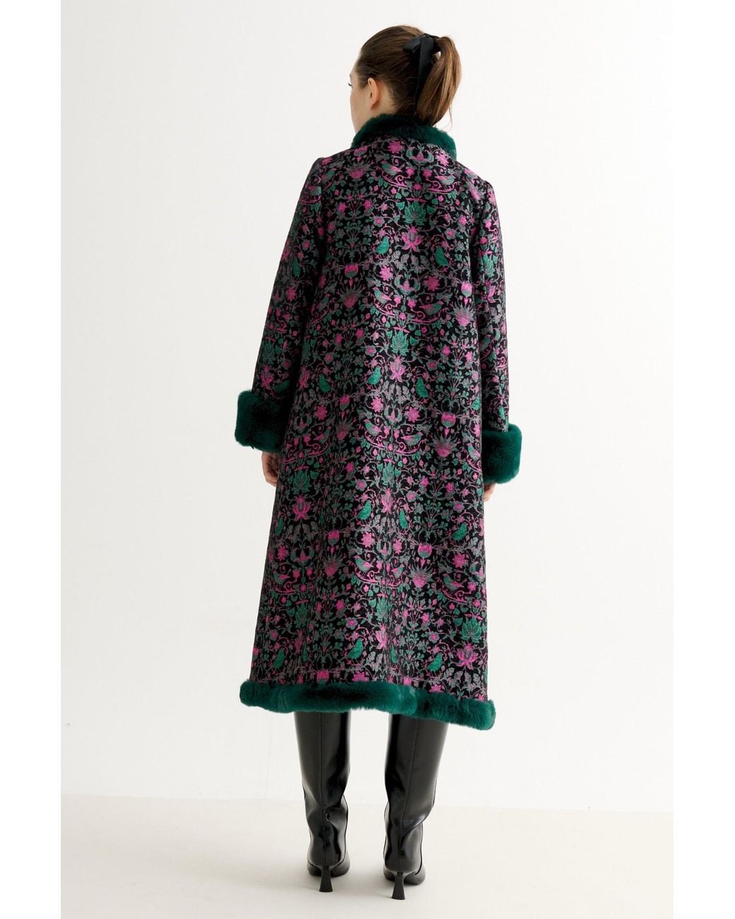Louche Blue Delphia Belle Plume Jacquard Fur Trim Opera Coat