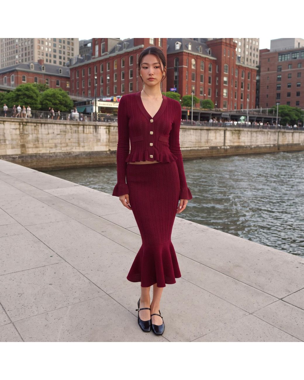 Modenaire Red Pointelle Knit Peplum Cardigan And Midi Skirt Set