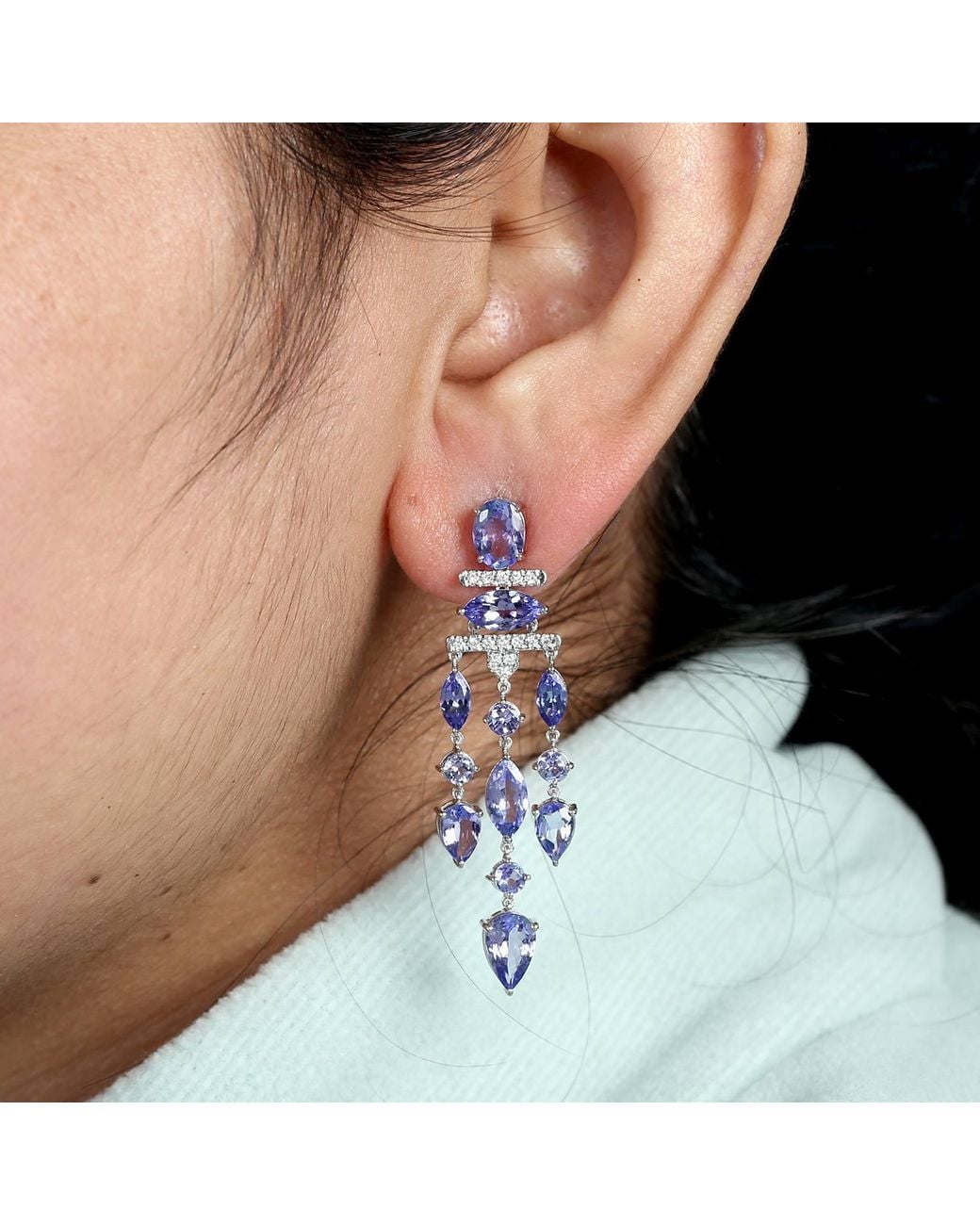 Artisan Blue White Gold Chandelier Earrings Diamond Tanzanite Gemstone Jewelry