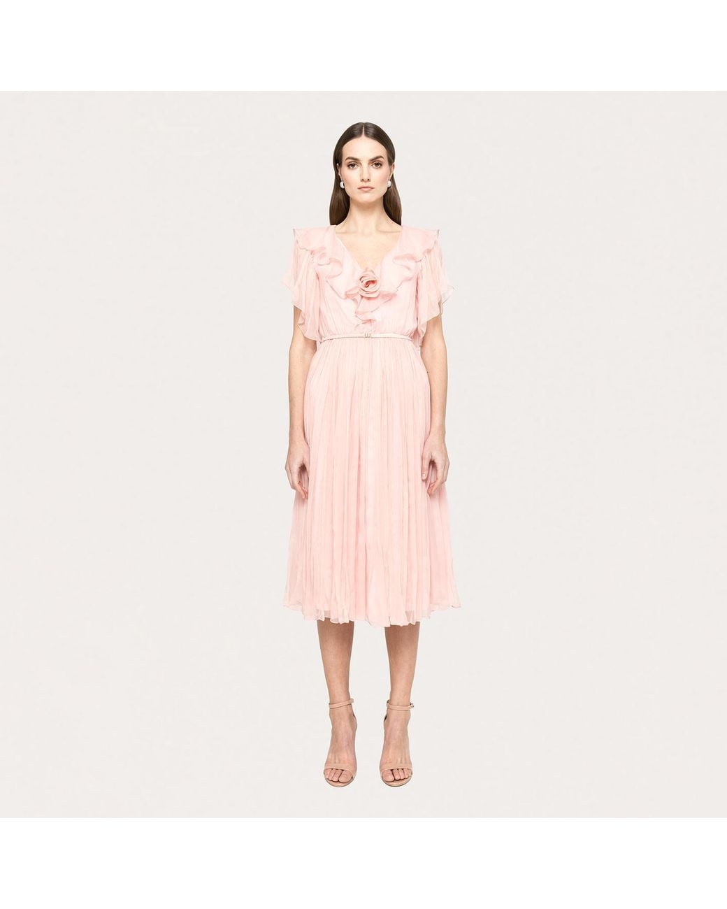 Nissa Pink Floral-Appliqué Silk Midi Dress