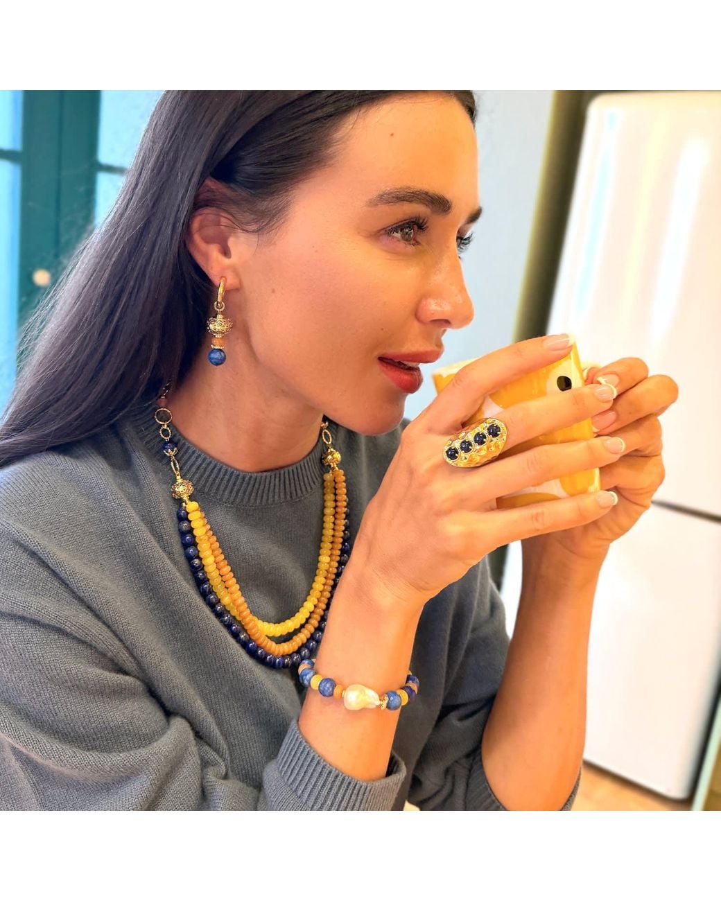 Farra Metallic Vintage Style Lapis Stone Chunky Ring Adjustable