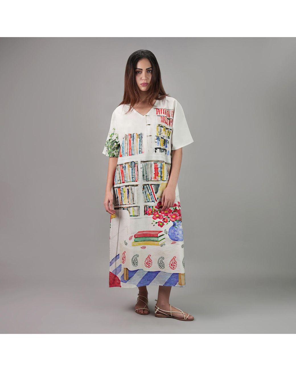 DHARA SHETH DUBAI White Abode Artistic Bookshelf Printed Kaftan Maxi Dress