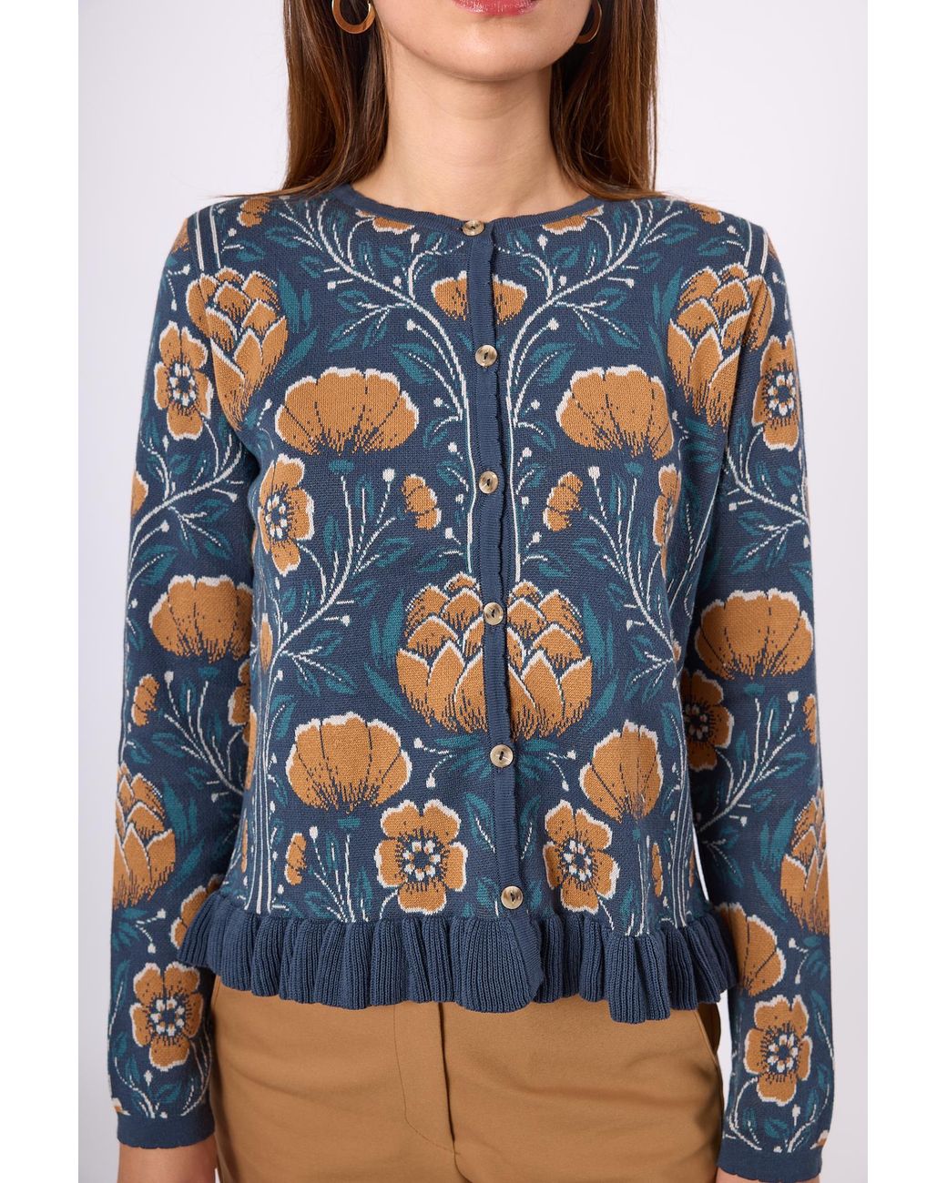 Peraluna Blue Felicity Floral Jacquard Knit Cardigan