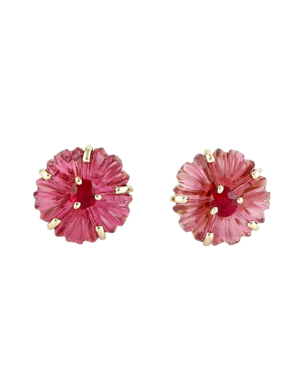 Artisan Red 14K Carved Tourmaline & Ruby Flower Stud Earrings