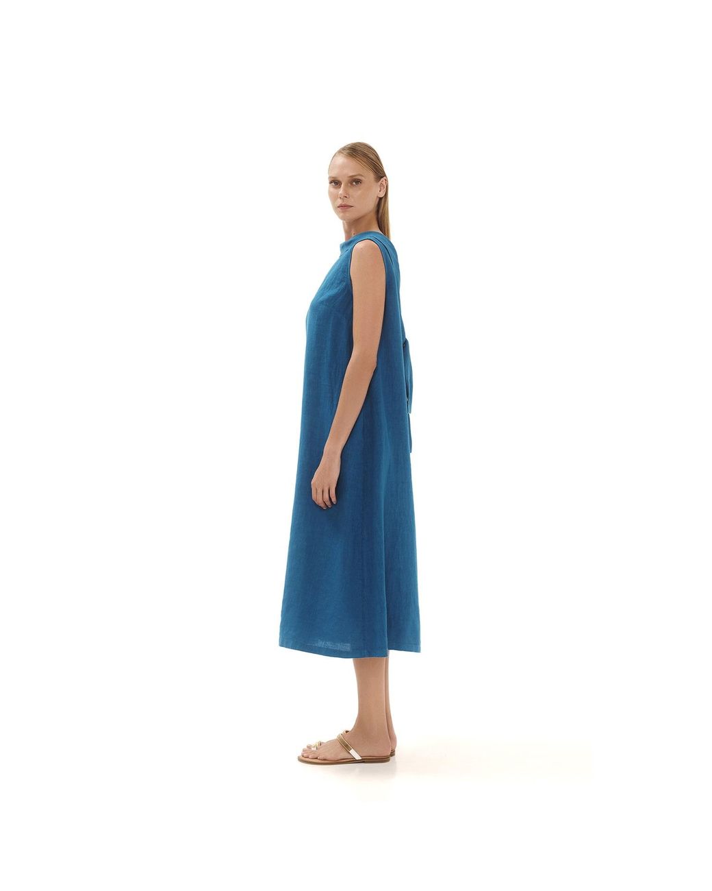 Haris Cotton Black Midi Back Tie Linen Dress