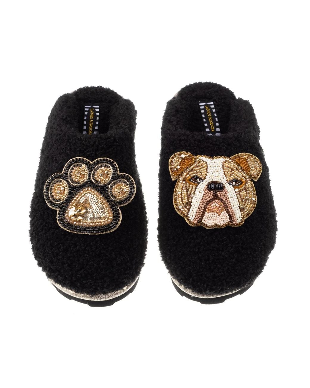 Laines London Black Teddy Towelling Closed Toe Slippers With Mr Beefy Bulldog & Paw Brooch