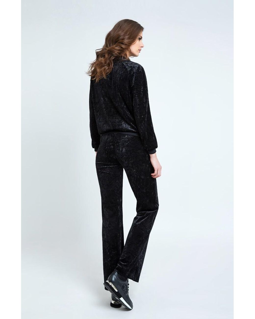 Conquista Black Crushed Velvet Straight Leg Pants With Elasticated Waistband By Fashion