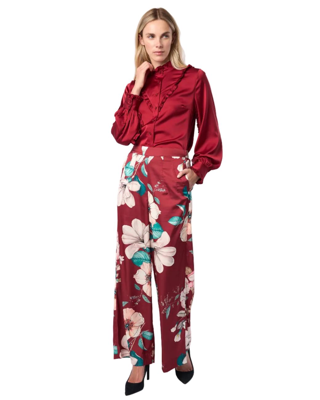 Carloslines Red Ruffle Stand Collar Long Sleeve Shirt