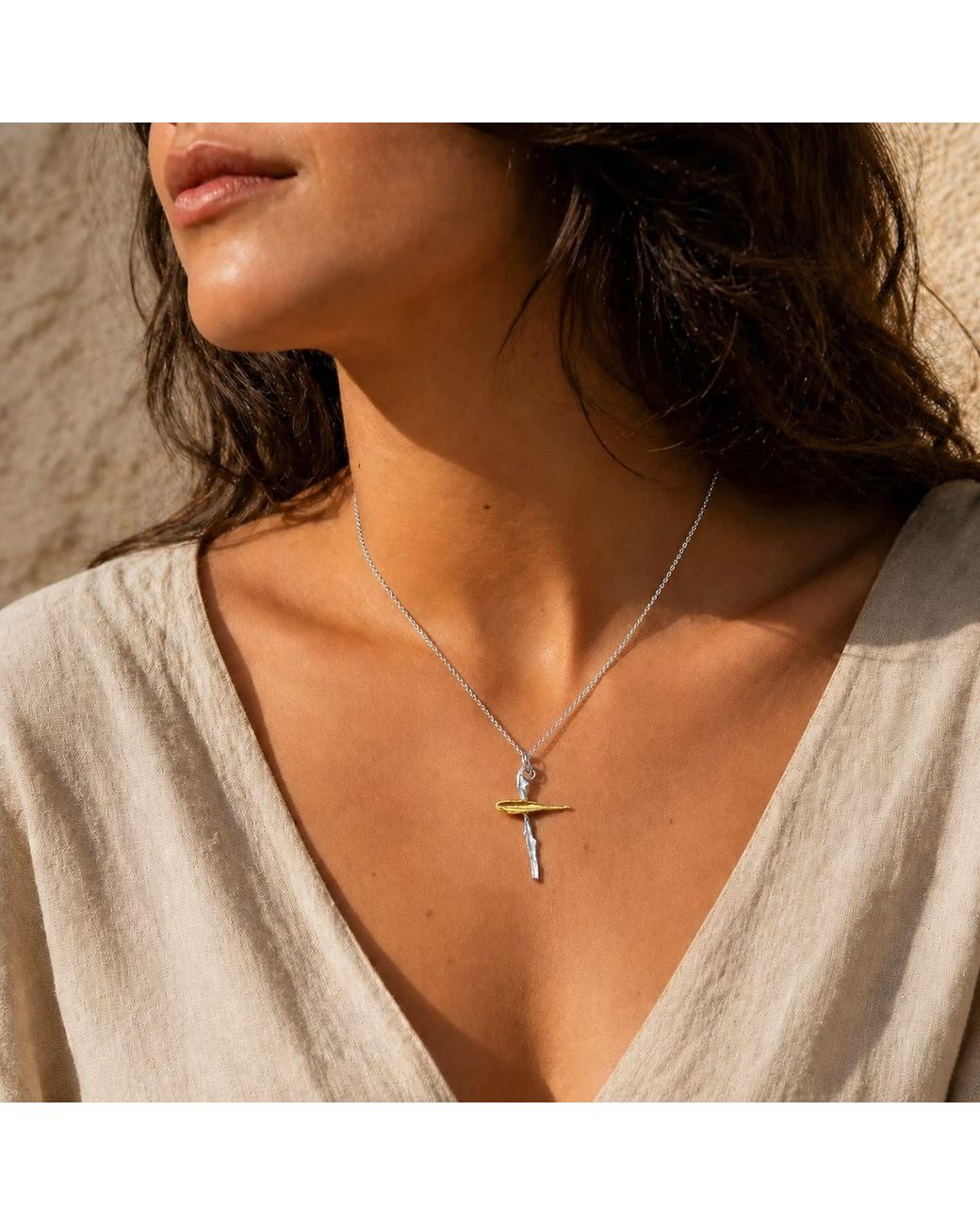 Mother Nature Jewelry Metallic Two-Tone Cross Necklace, & Leaf Pendant