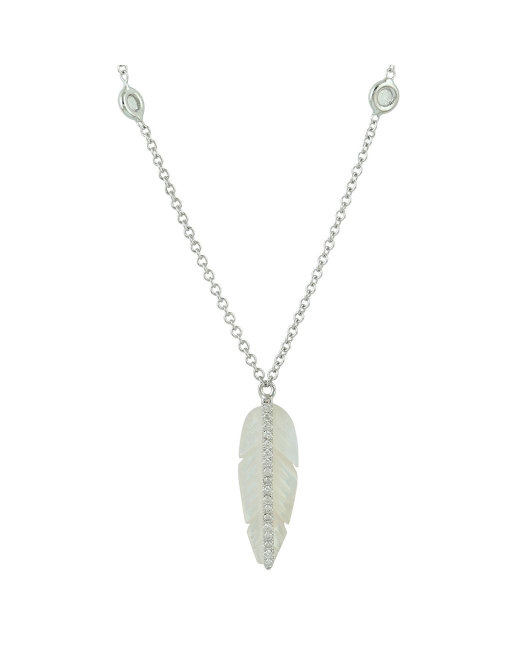 Artisan Metallic 18K Carved Mop Feather Pendant Necklace With Diamond