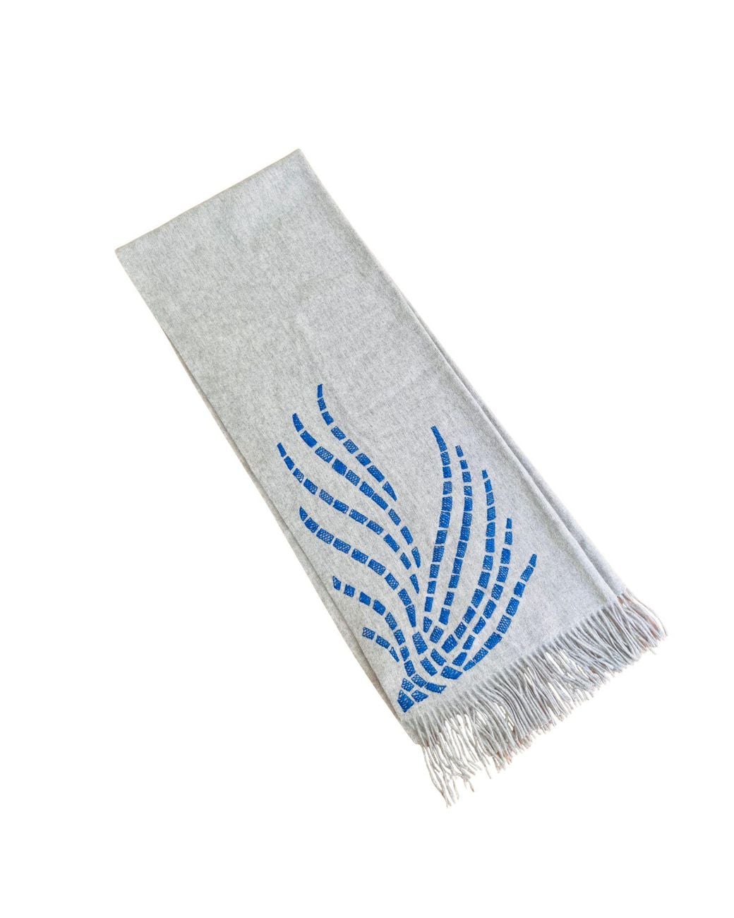 Heritagemoda Blue Neutrals Wool Scarf With Hand-Embroidered Peacock Feather Motif