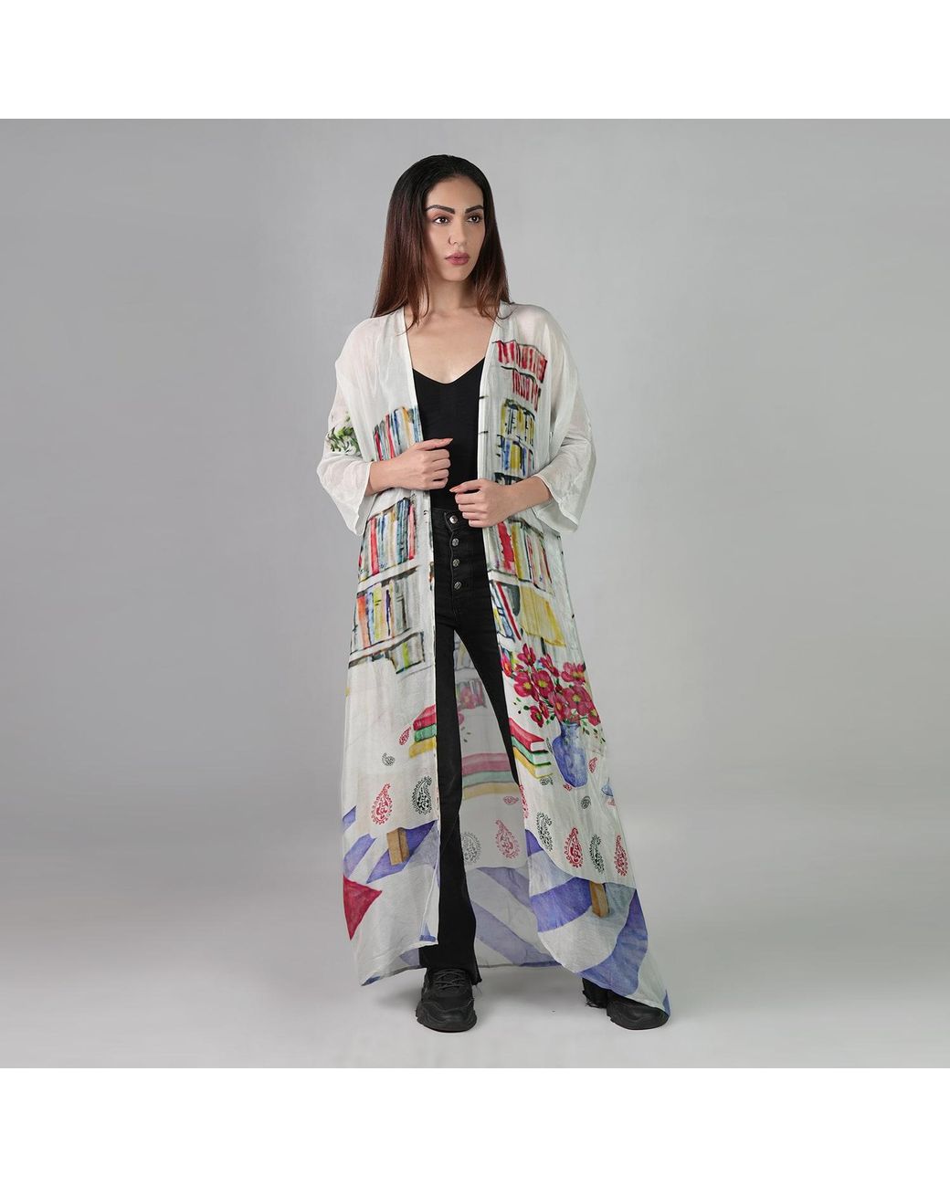 DHARA SHETH DUBAI White Abode Artistic Bookshelf Kimono Dress - & Library Print