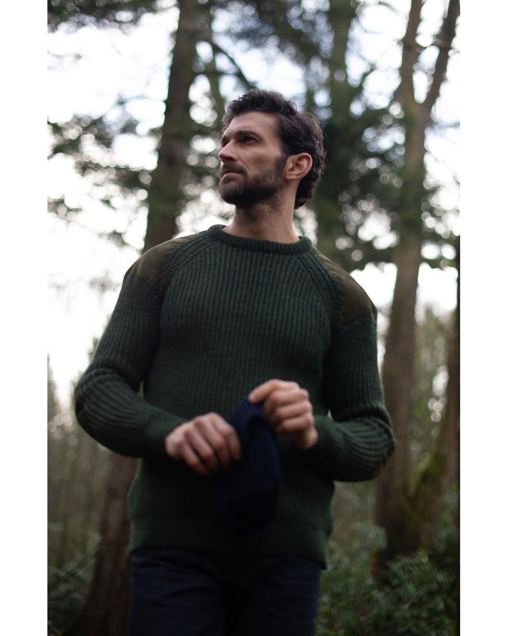 Paul James Knitwear Green Chunky British Wool Hardy Ribbed Shooting Jumper for men