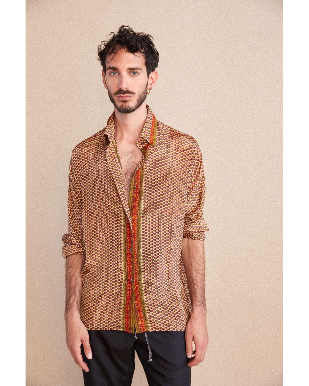 Monzlapur New York Brown Embossed Oriental Motif Long Sleeve Shirt for men