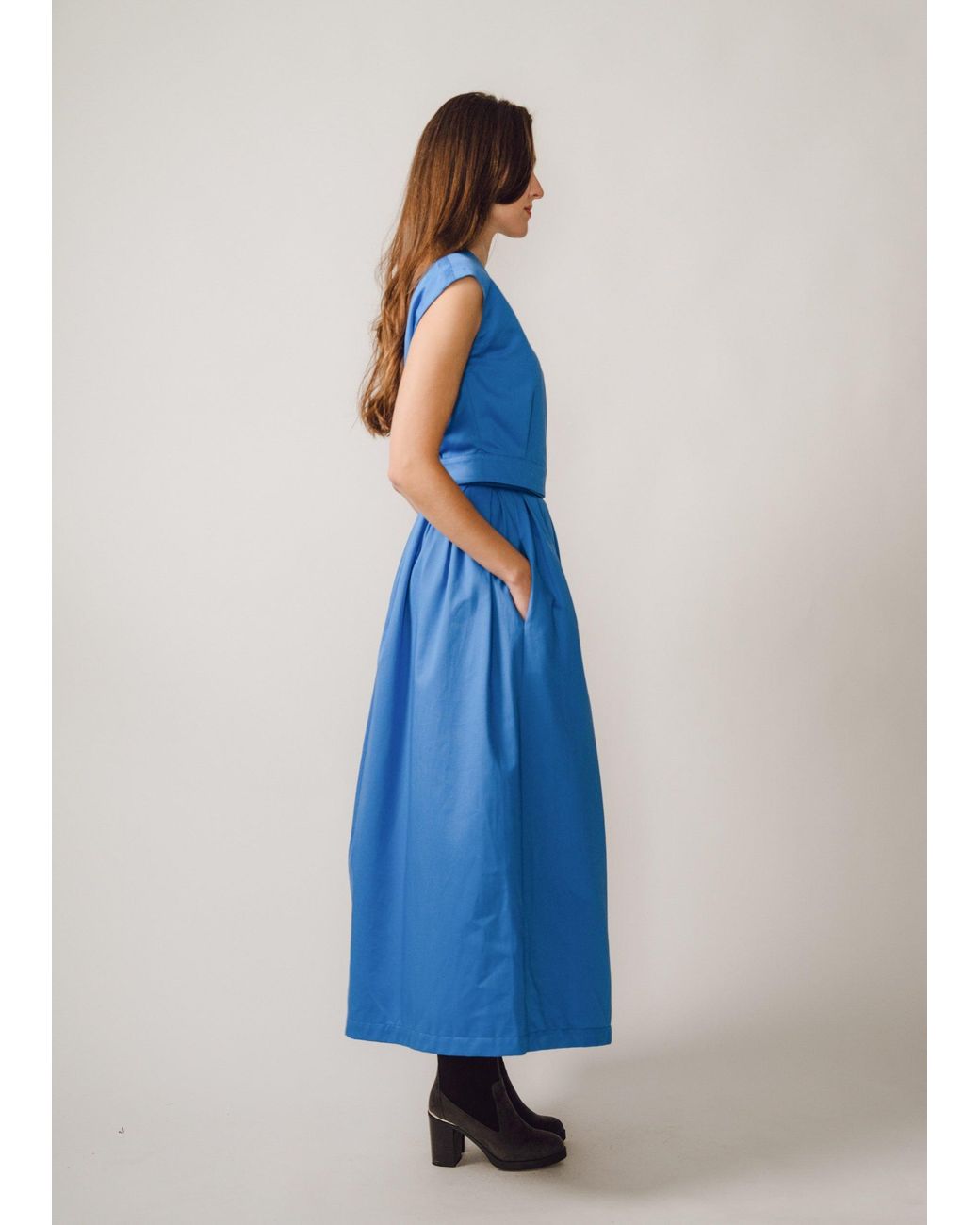 BEIRA Blue Anna Full-Length Cornflower Pleated Cotton Skirt