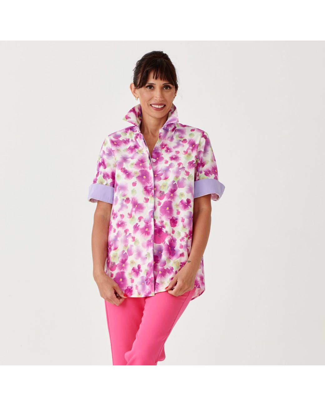 Perlavera Purple Cecil Flower Printed Satin Short Sleeve Length Missy Fit Shirt
