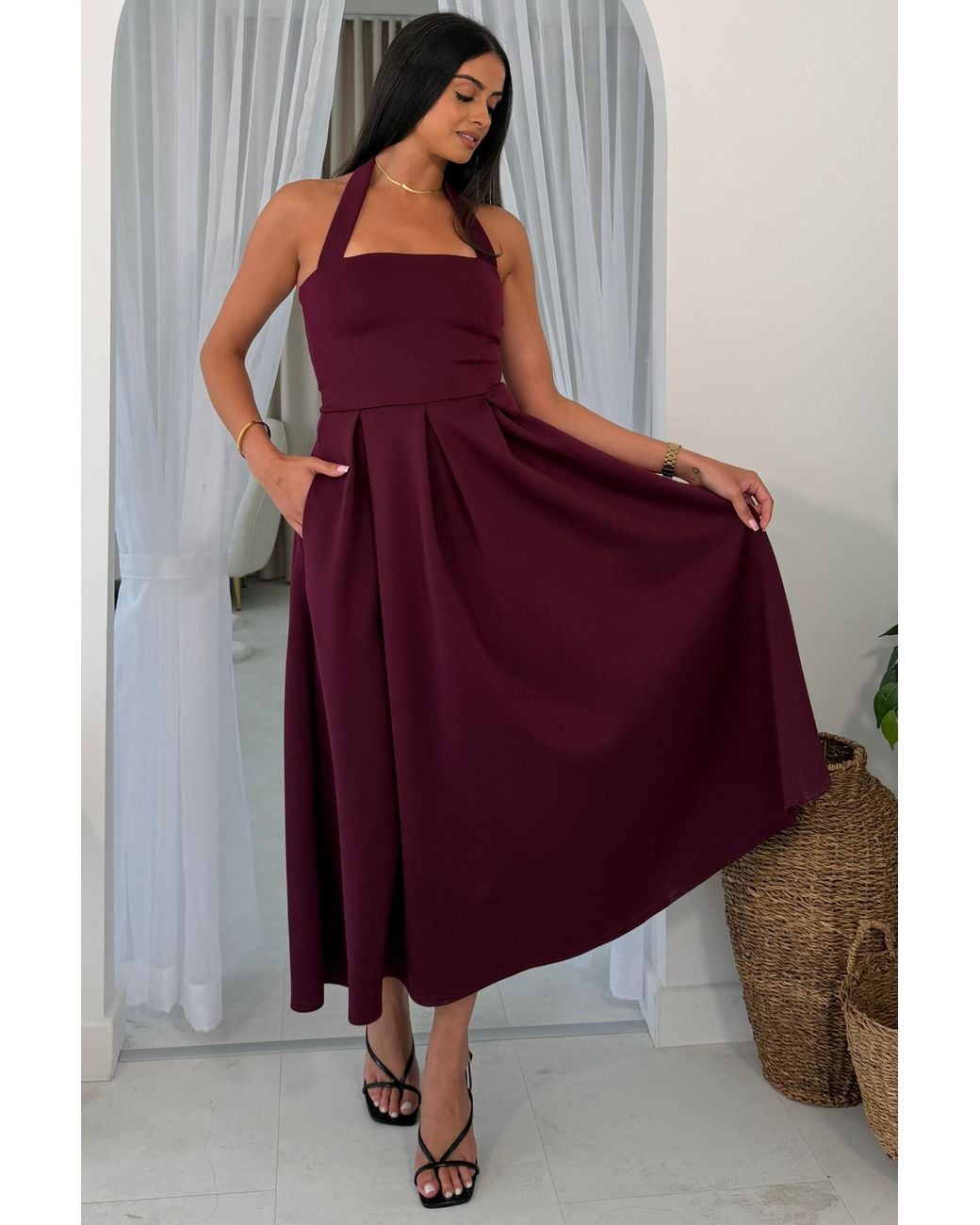 Girl In Mind Purple Briar Halterneck Pleated Skirt Midi Dress Plum