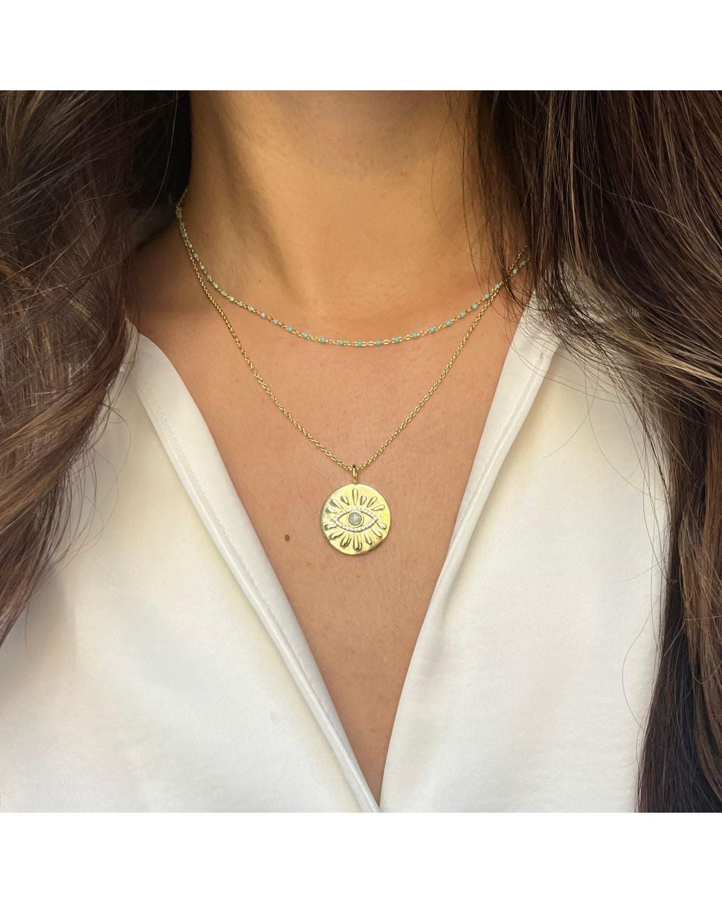 KAMARIA Metallic Evil Eye Opal Medallion Necklace