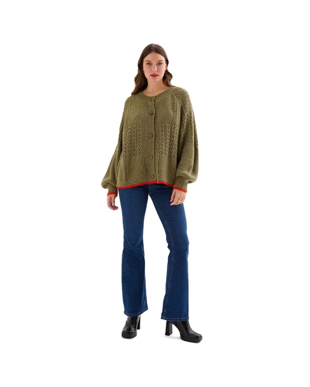Cara & The Sky Green Brigit Balloon Sleeve Pointelle Stitch Cardigan