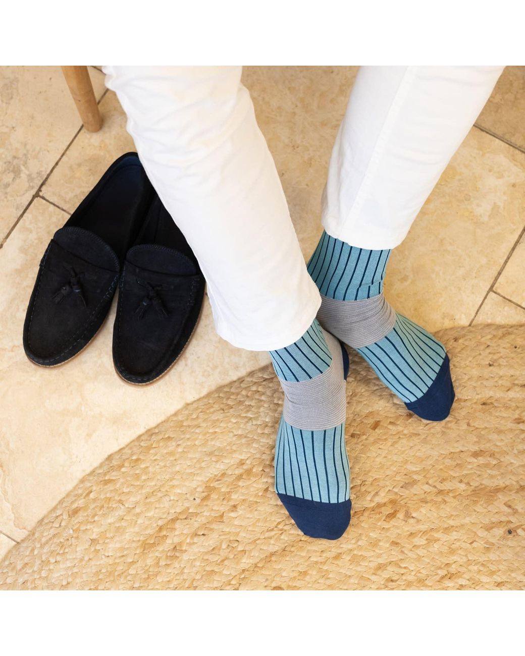 Peper Harow - Made in England Blue Oxford Stripe Luxury Crew & Trainer Socks for men
