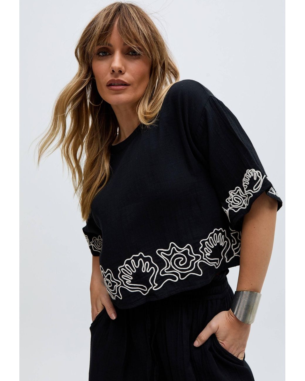 Raffya Black Milly Embroidered Split Open Back Blouse