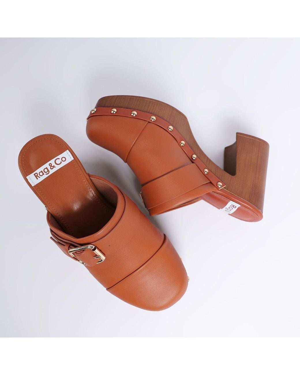 Rag & Co Brown Septim Genuine Leather Studded Clog Heels