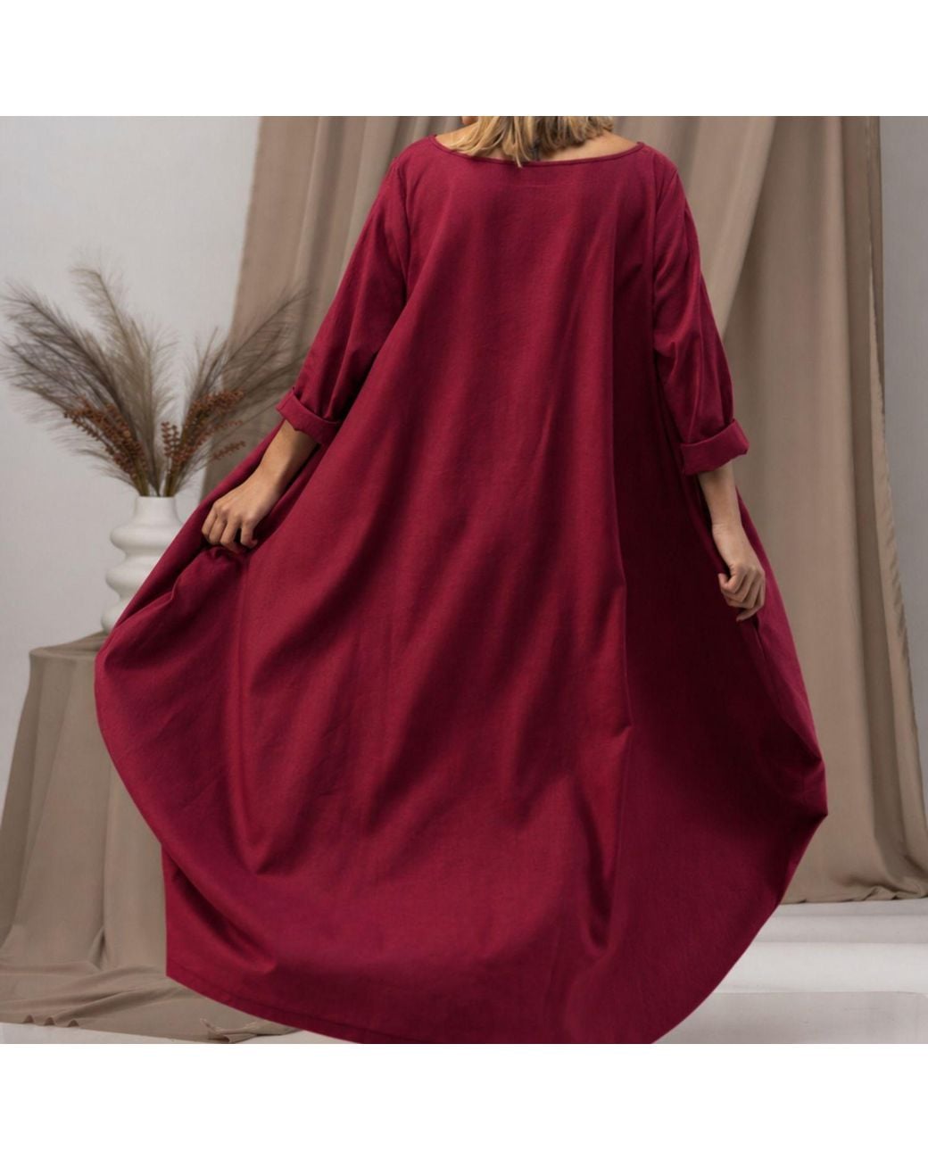 Nikka Place Red Oversized Maxi Linen Dress With Belt