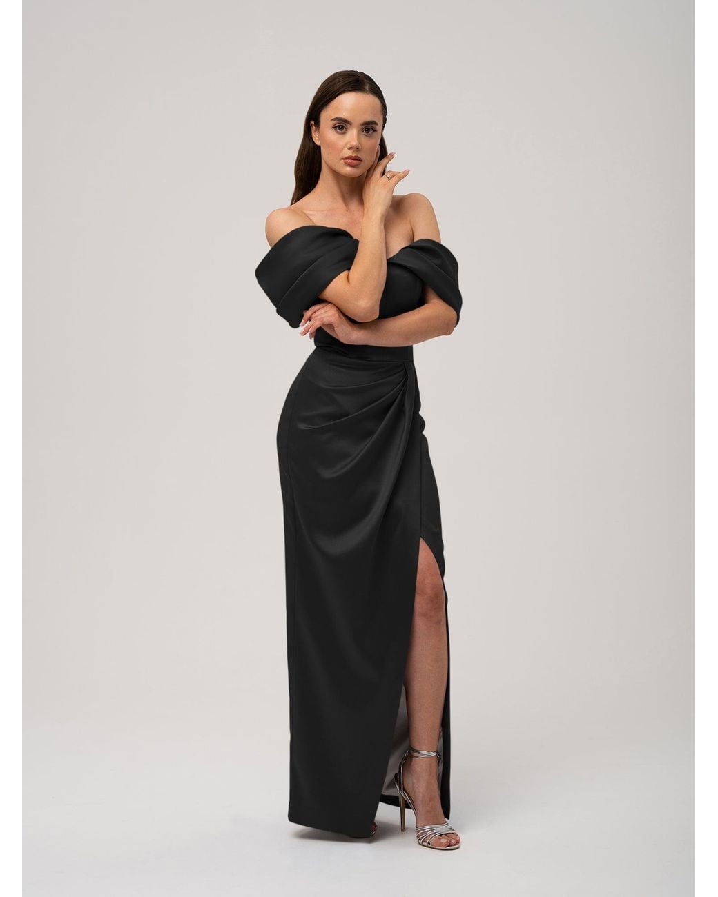 Tia Dorraine Black Heavenly Kissed Draped Satin Maxi Dress