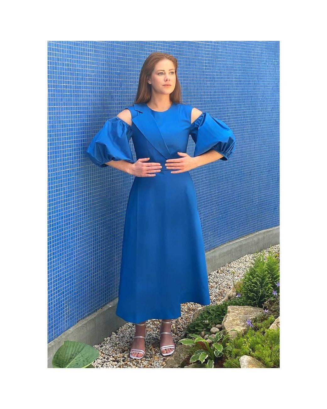 Femponiq Blue Asymmetric Lapel A-Line Cotton Dress