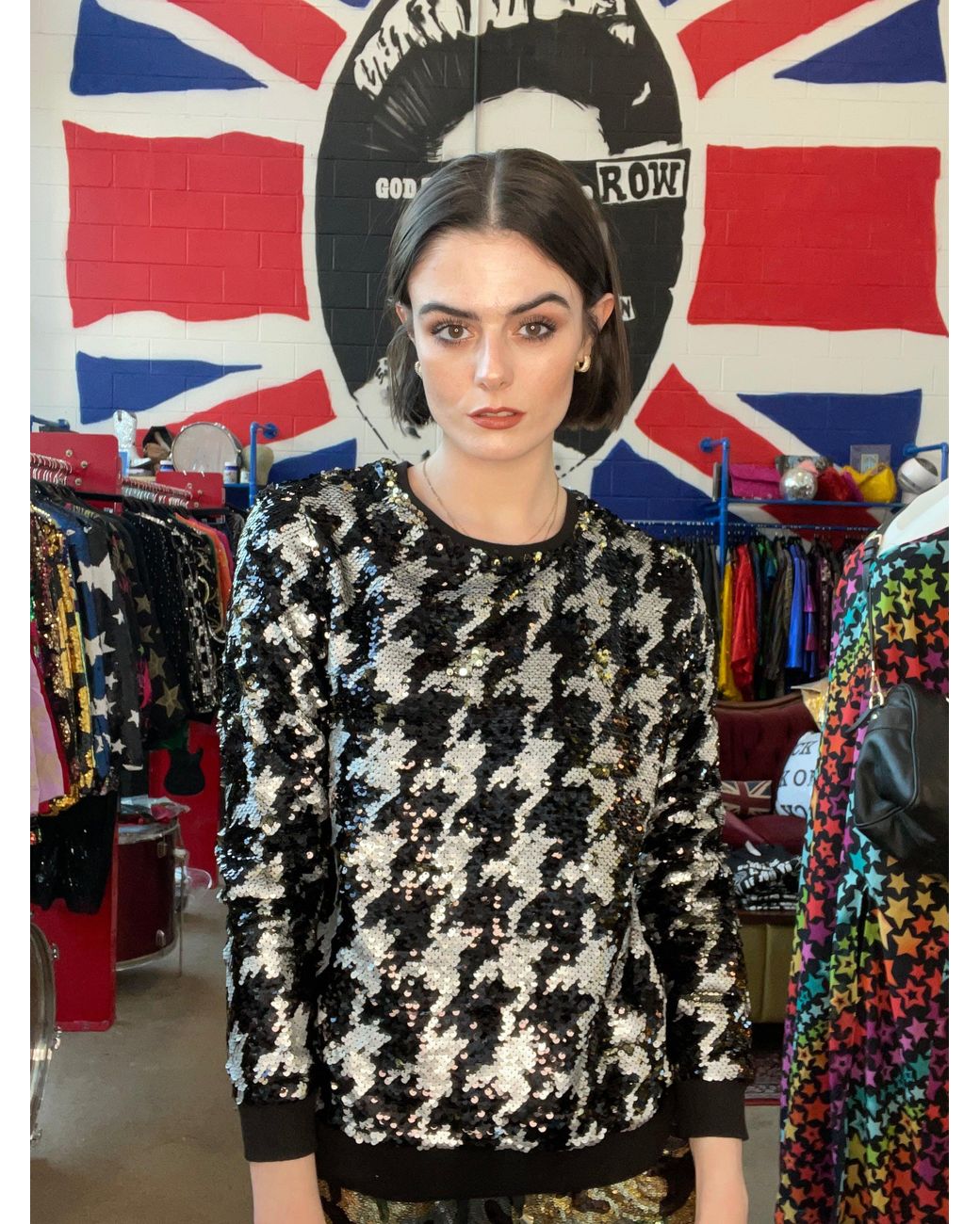 Any Old Iron Black Dogstooth Reversible Sequin Sweatshirt
