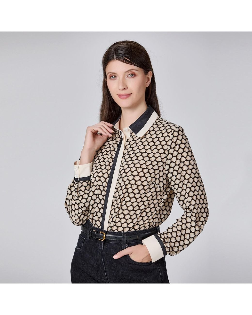 Smart and Joy Black Graphic Print Shirt With Contrast Collar