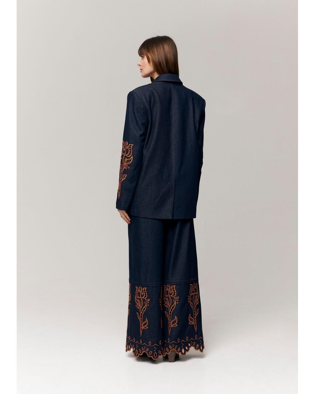 Annabo Blue Velvet Rose Embroidered Denim Wide-Leg Pants