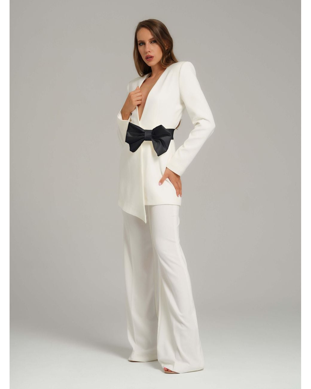 Tia Dorraine White Rare Pearl Power Suit With Detachable Bow Belt