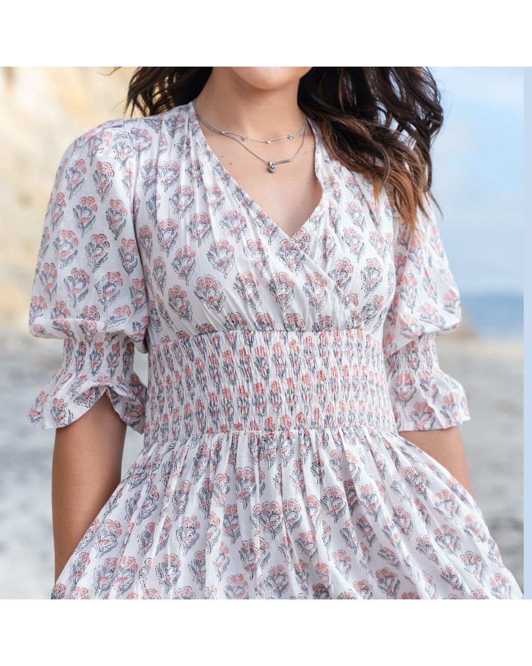 House of Gl Pink Neutrals Lilienne Hand-Block Printed Smocked Midi Dress
