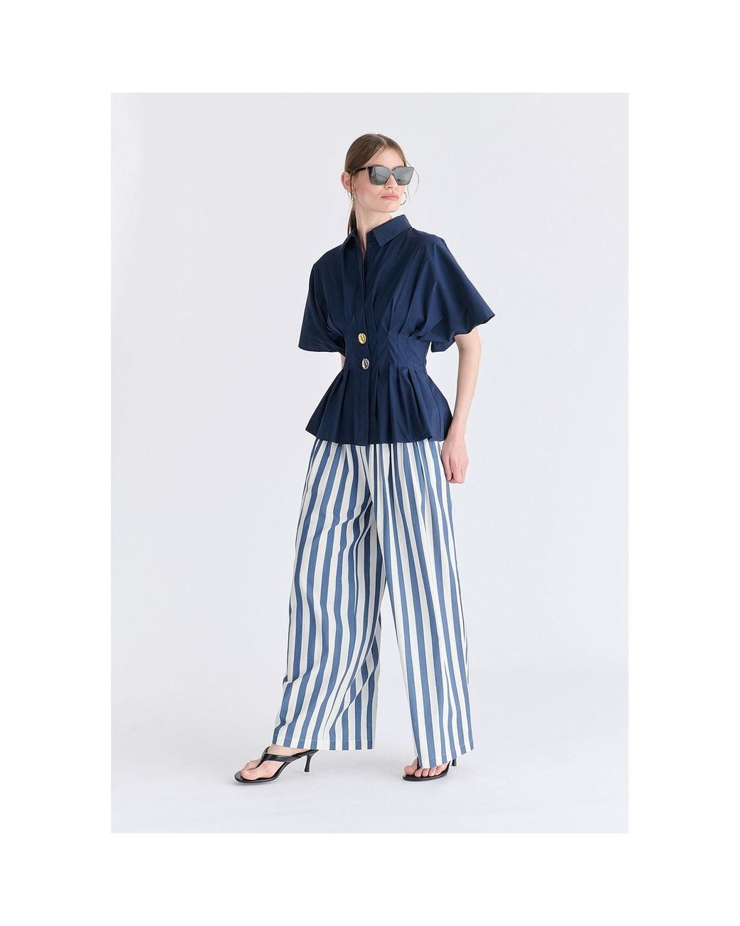 Paisie Blue Front Pleats Detail Wide Leg Trousers
