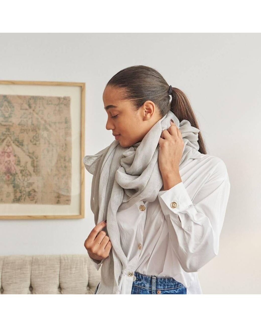 Variously White Pebble Light Hand Woven Soft Linen Scarf
