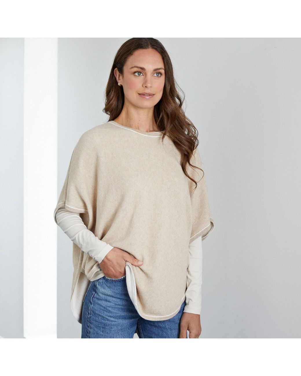 Cove Gray Neutrals Flora Cotton Cashmere Reversible Poncho Cream & Starch