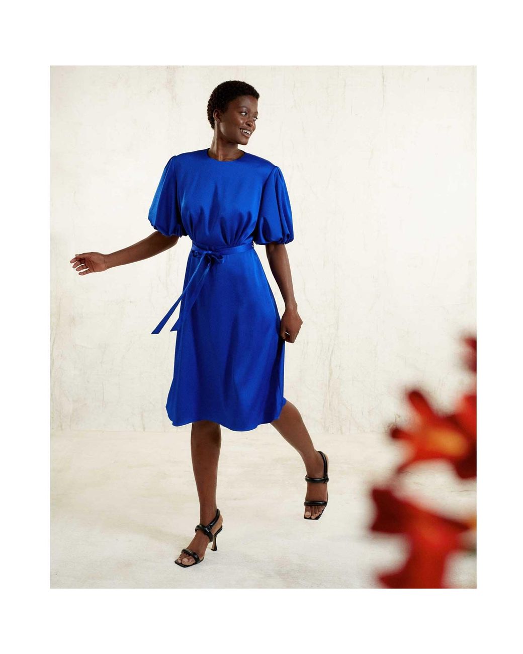 Femponiq Blue Draped Puff Sleeve Satin Dress