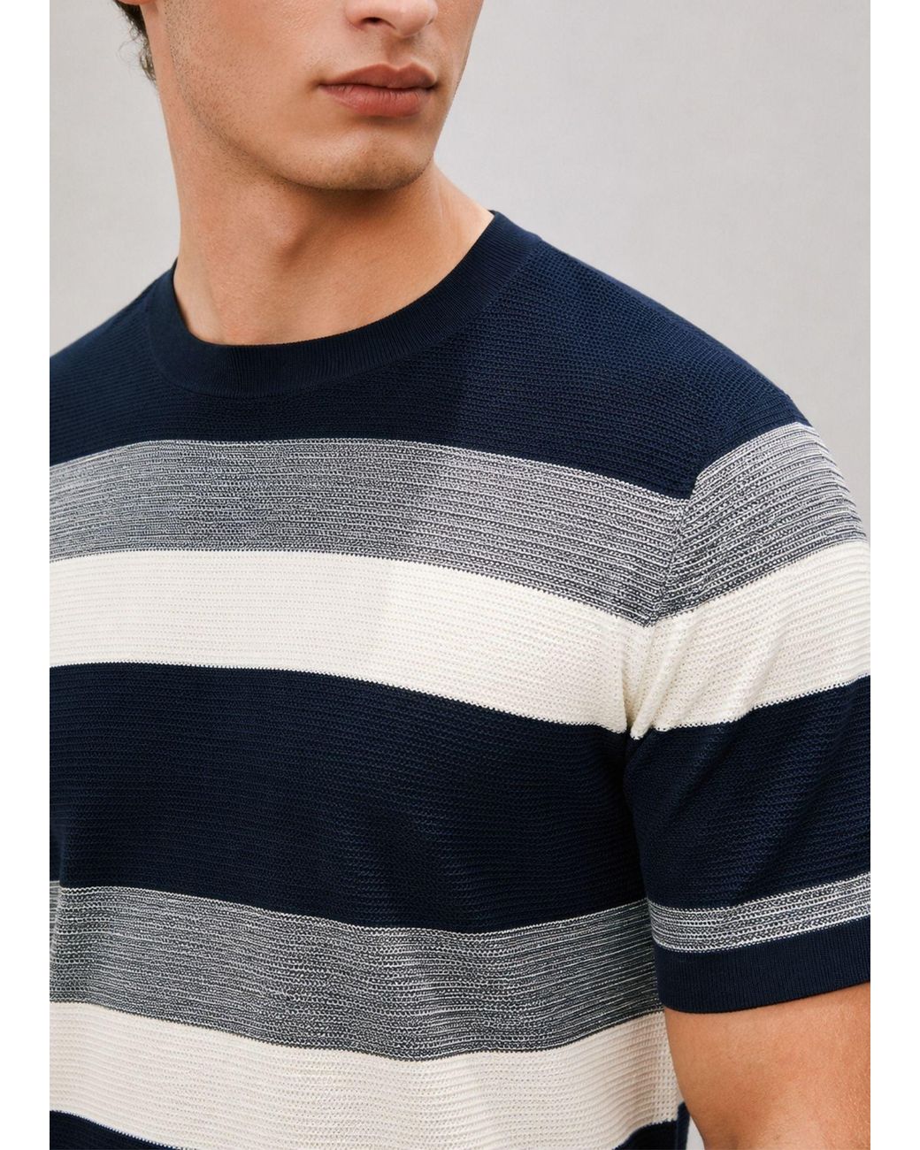Vayla Blue Neutrals & Short Sleeve Striped Knitted Top for men