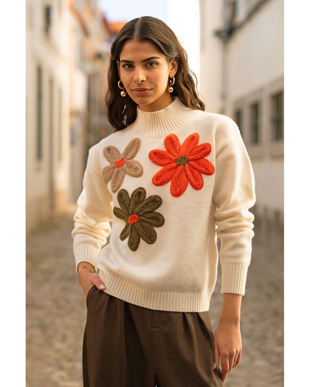 Yumi' White Ivory Knitted High Neck Jumper With Applique Flowers