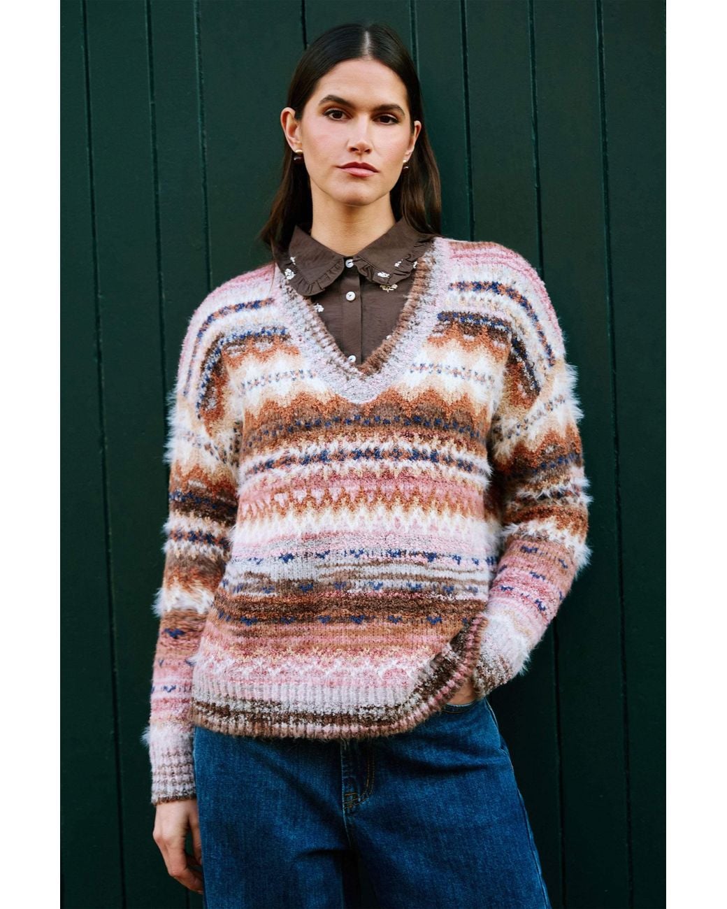 Yumi' Pink Multicolour Fairisle Relaxed Boucle Jumper