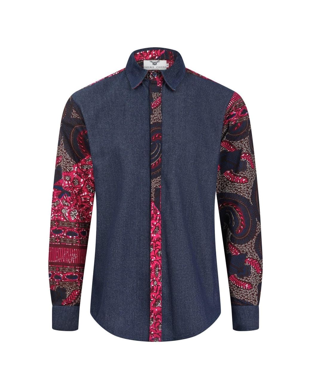 Ohema Ohene Blue Denim & African Print Cotton Shirt – Contrast Panel for men