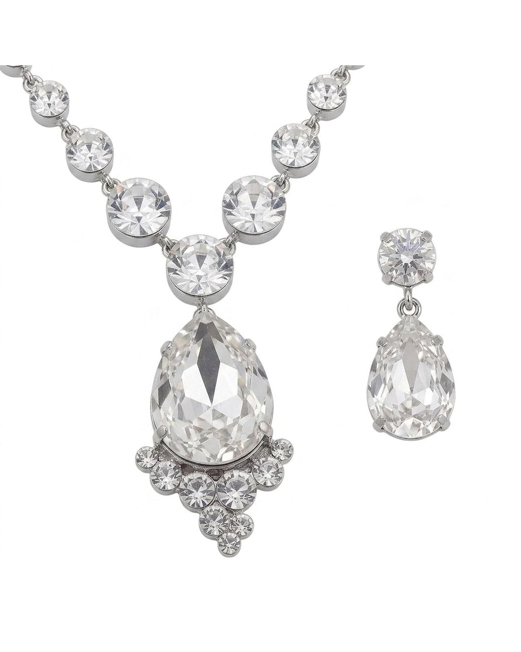 Modenaire Metallic Elegant Teardrop Crystal Necklace Earrings Set