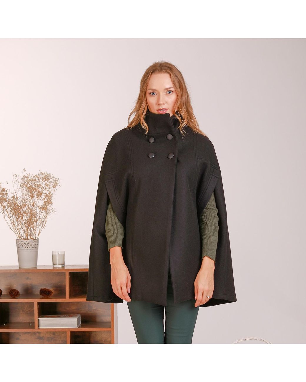 Nikka Place Black Wool Military Pea Coat With Front Buttons & High Neck