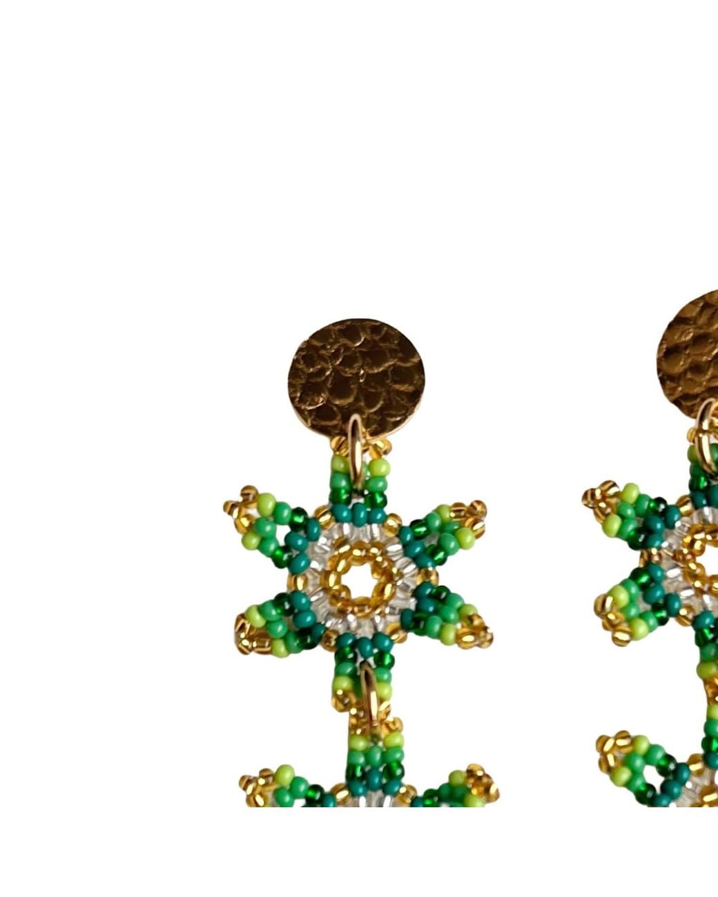 Iliana Arrazola Green Waterfall Blossom Three Flowers Dangle Earrings, Glass Beads, Beaded Jewelry