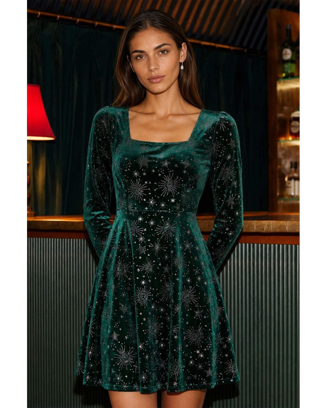 Yumi' Green Starburst Foil Print Long Sleeve Skater Dress