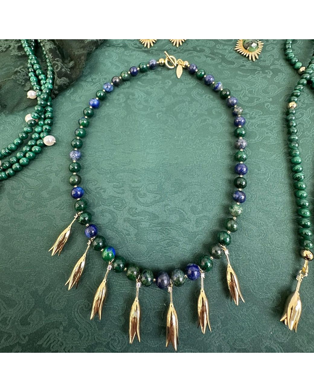 Farra Green Phoenix Lapis With Flower Pendants Statement Necklace