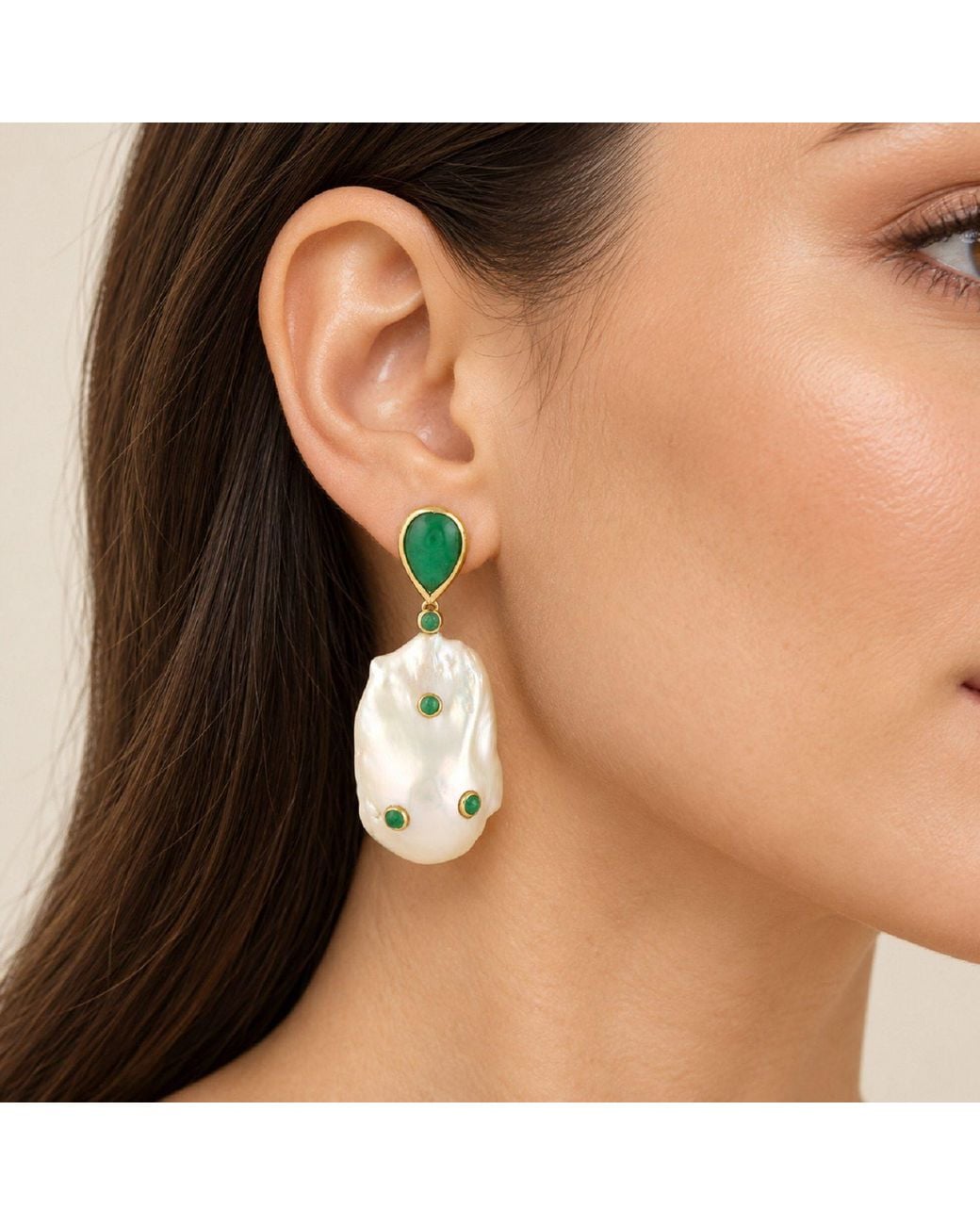 Artisan Green Natural Pearl & Emerald Pear Shape 18k Yellow Gold Dangle Earrings