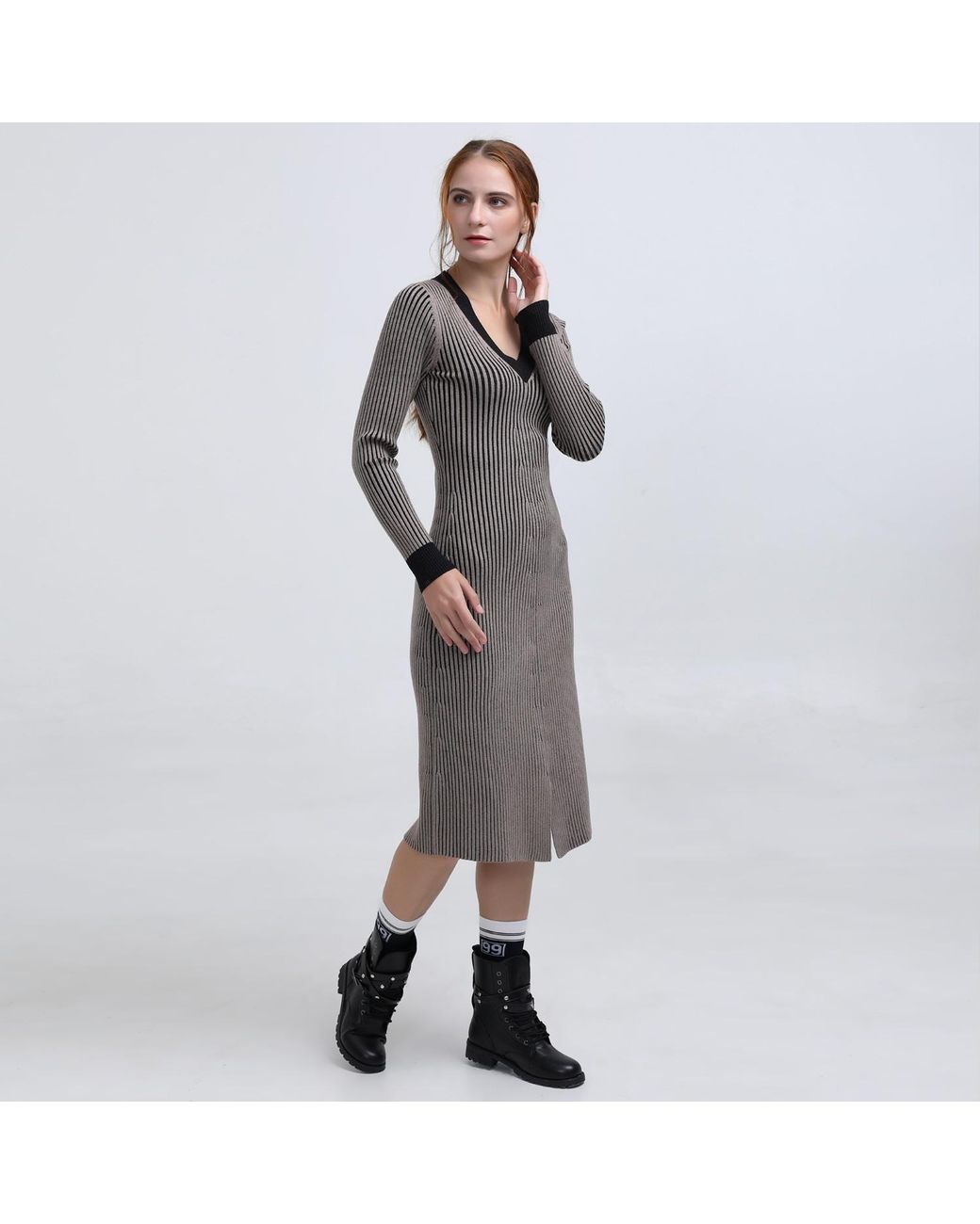 Smart and Joy Brown Bi Color V Neck Jumper Dress