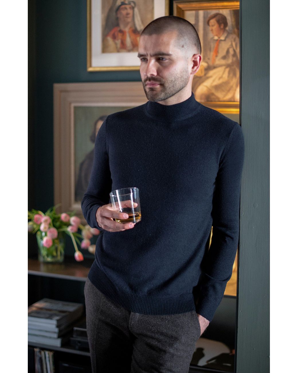 Paul James Knitwear Blue Lightweight Merino Cashmere Tristan Mock Turtle Neck Jumper for men